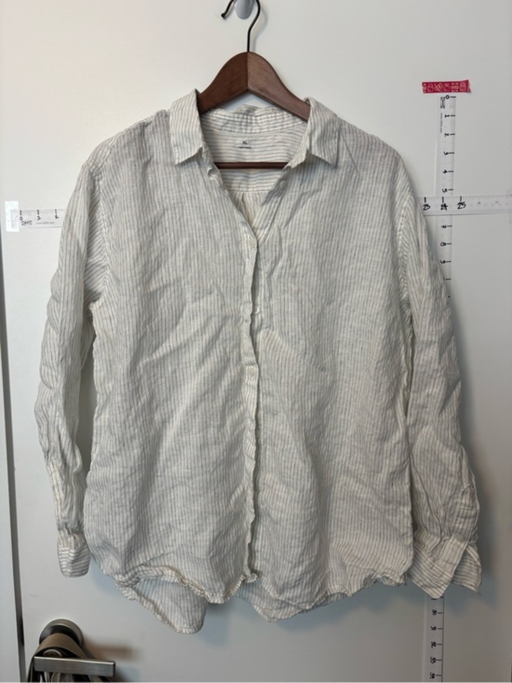 Muji Linen Lightweight Striped Button-Up Shirt — white with Thin Blue Stripes XL